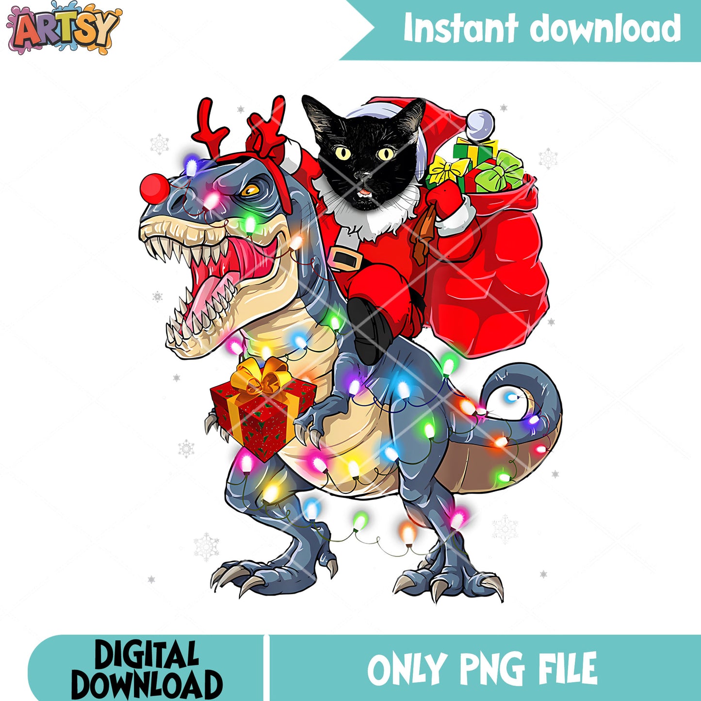 Funny Santa Cat Riding Dinosaur Xmas Lights png, christmas gifts png