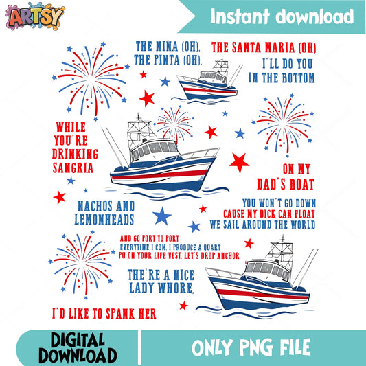 Funny Boat Song PNG, 4th Of July PNG, Patriotic Boat PNG
