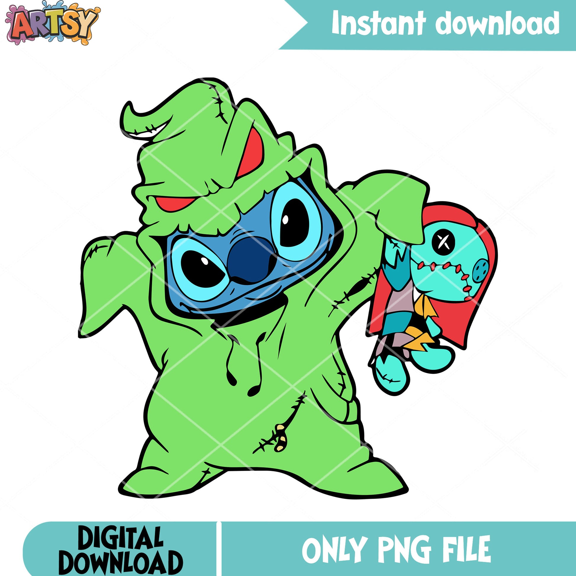 Funny stitch and voodoo png, cute halloween png, boogle oogie png