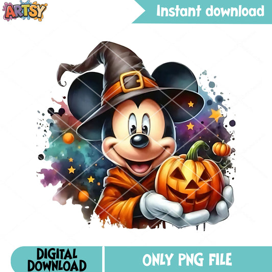 Galaxy art witch hat png, scary pumpkin png, disney character png