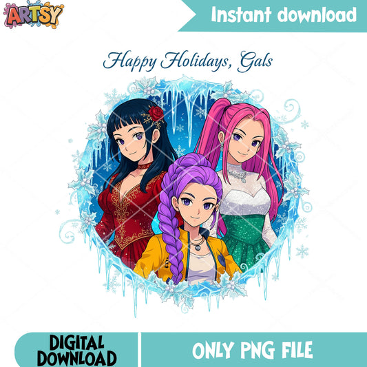 Gals happy holidays png, wreath christmas png, kpop demon hunters png