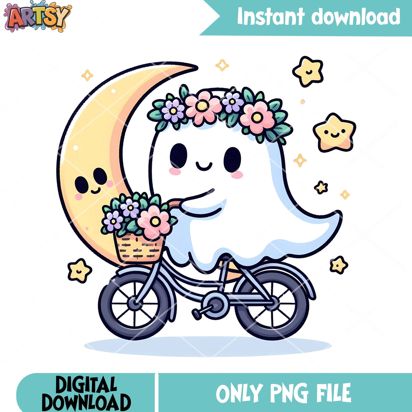 Garland cresent moon night png, ghost costume png, halloween scary png