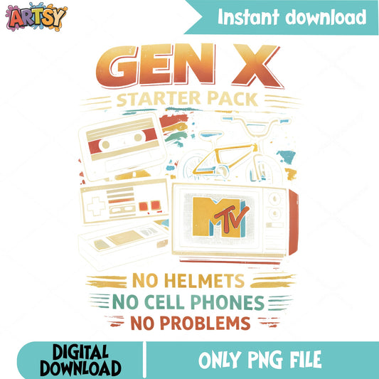 Gen X Starter Pack PNG, Retro 80s 90s PNG, Generation X PNG