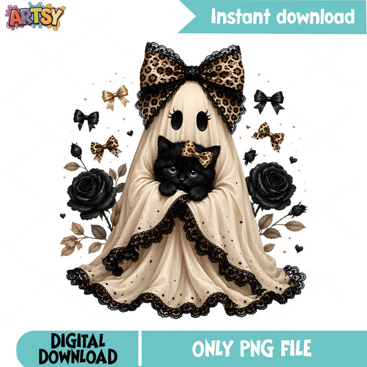 Ghost Cat With Bow Halloween PNG, Black Cat Ghost PNG, Coquette PNG