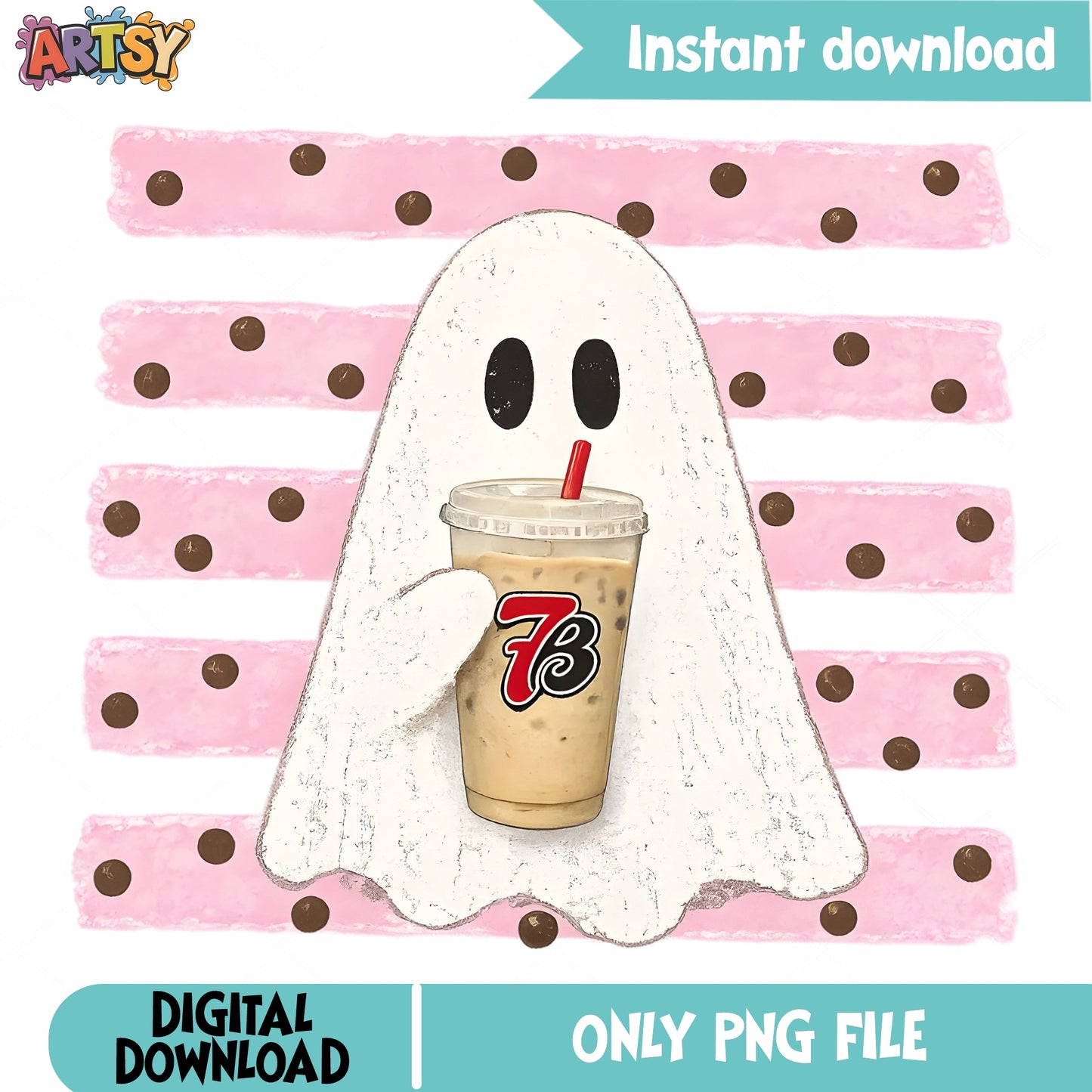 Ghost Holding 7 Brew Iced Coffee PNG, Halloween Ghost PNG, Spooky Season PNG