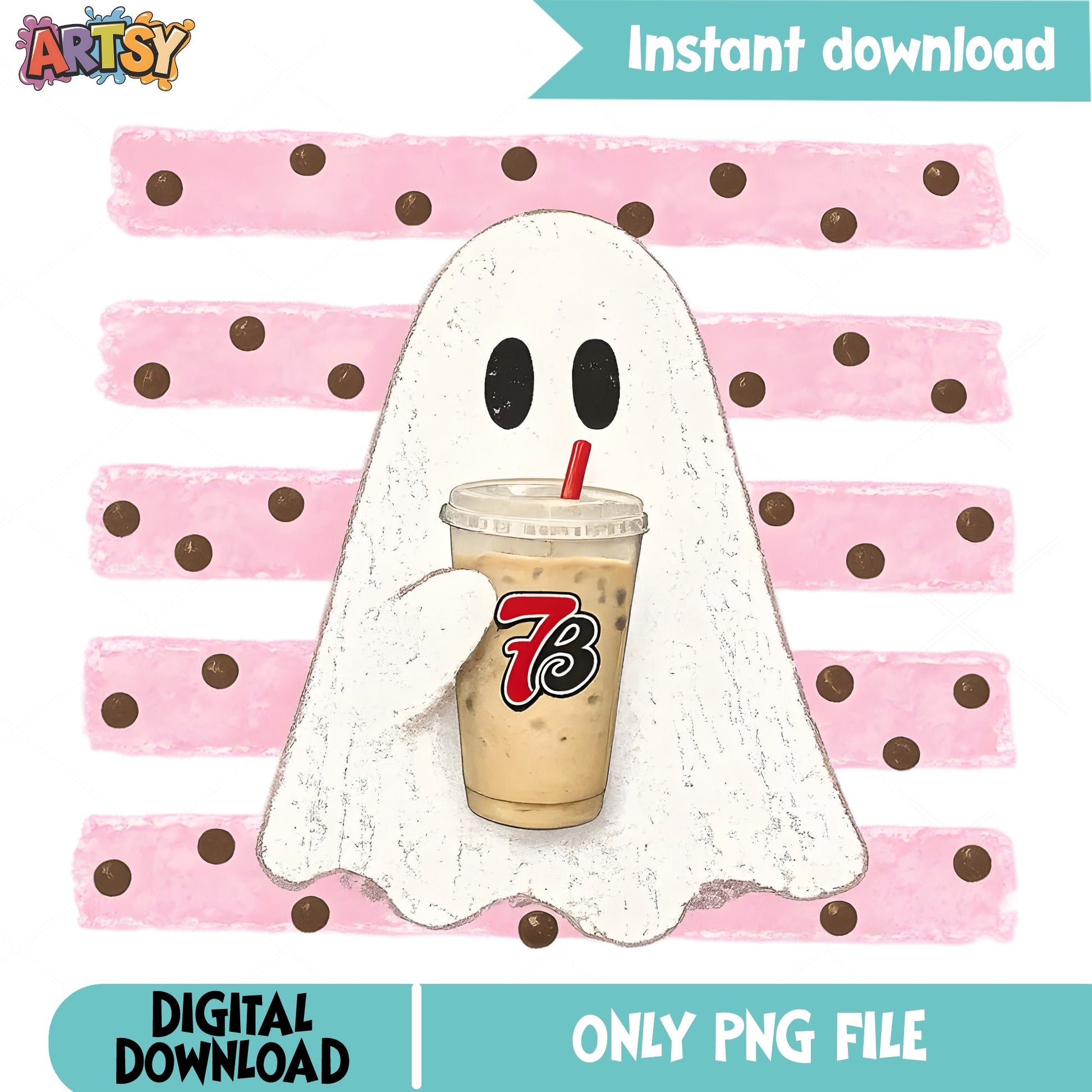 Ghost Holding 7 Brew Iced Coffee PNG, Halloween Ghost PNG, Spooky Season PNG