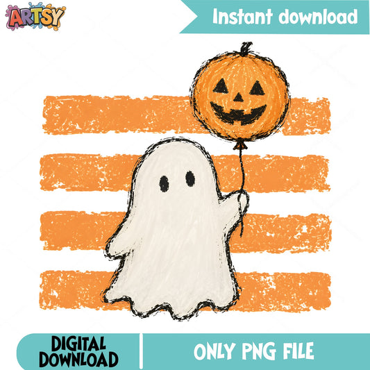 Ghost Holding Pumpkin Balloon Halloween PNG, Cute Ghost PNG, Halloween PNG