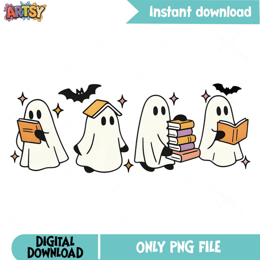 Ghost Reading Books PNG, Halloween Ghost PNG, Spooky Book Lover PNG
