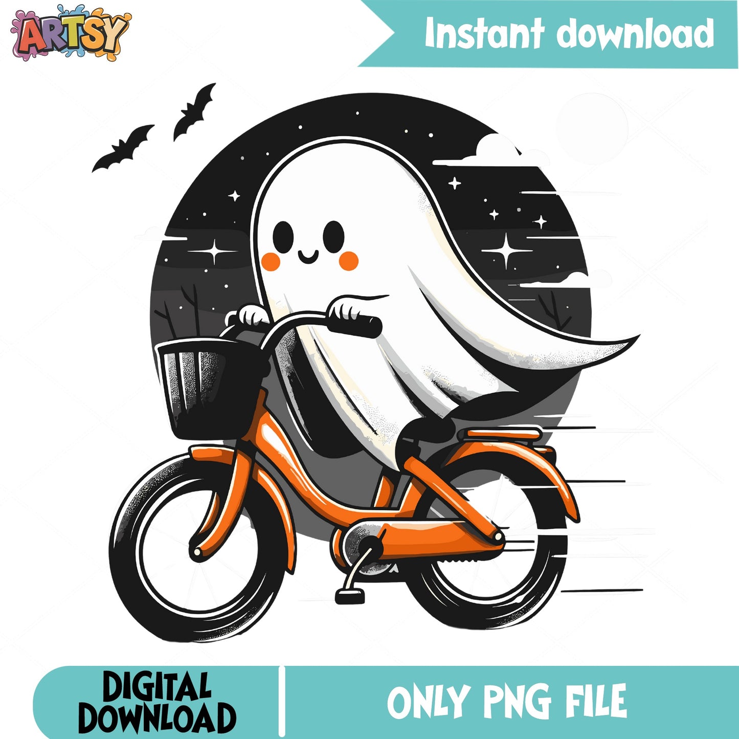 Ghost Riding Bicycle Halloween PNG, Cute Ghost PNG, Spooky PNG