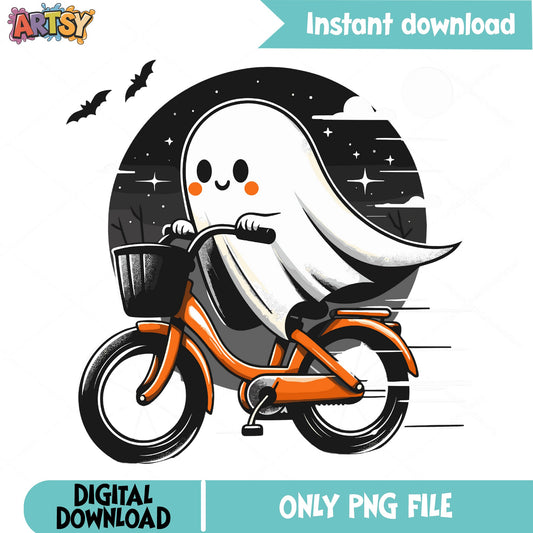 Ghost Riding Bicycle Halloween PNG, Cute Ghost PNG, Spooky PNG