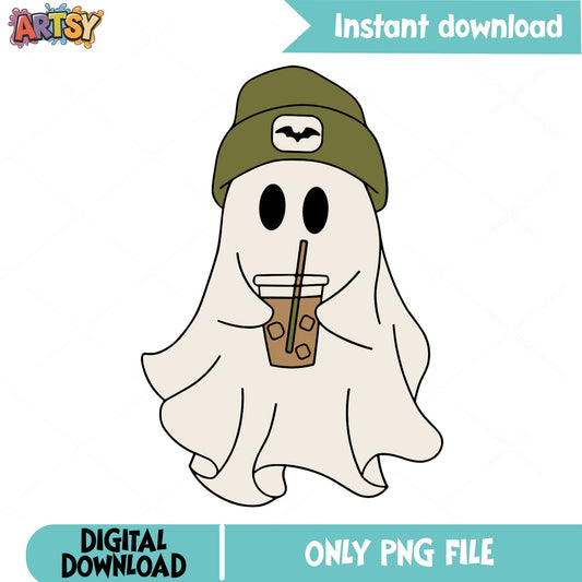 Ghost With Iced Coffee PNG, Halloween Ghost PNG, Spooky Season PNG