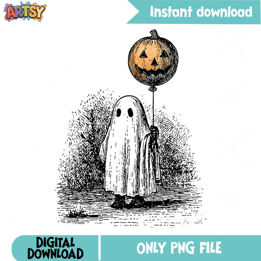 Ghost With Pumpkin Balloon Halloween PNG, Vintage Ghost PNG, Spooky PNG