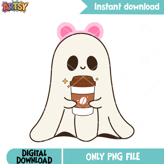 Ghost baby hot coffee png, pink notch png, scary night png