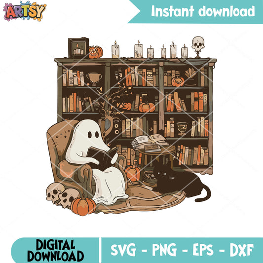 Ghost chillin read book svg, cute ghost svg, book halloween svg