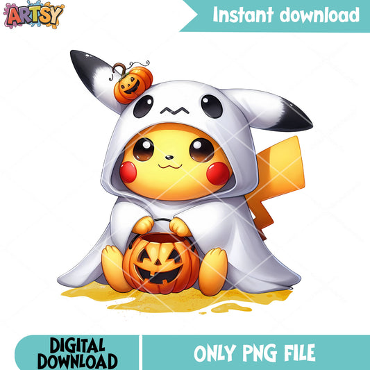 Ghost costume pickachu png, jack o lantern png, nintendo halloween png