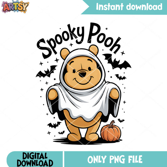 Ghost costume pooh disney png, spooky halloween png, pooh bear png