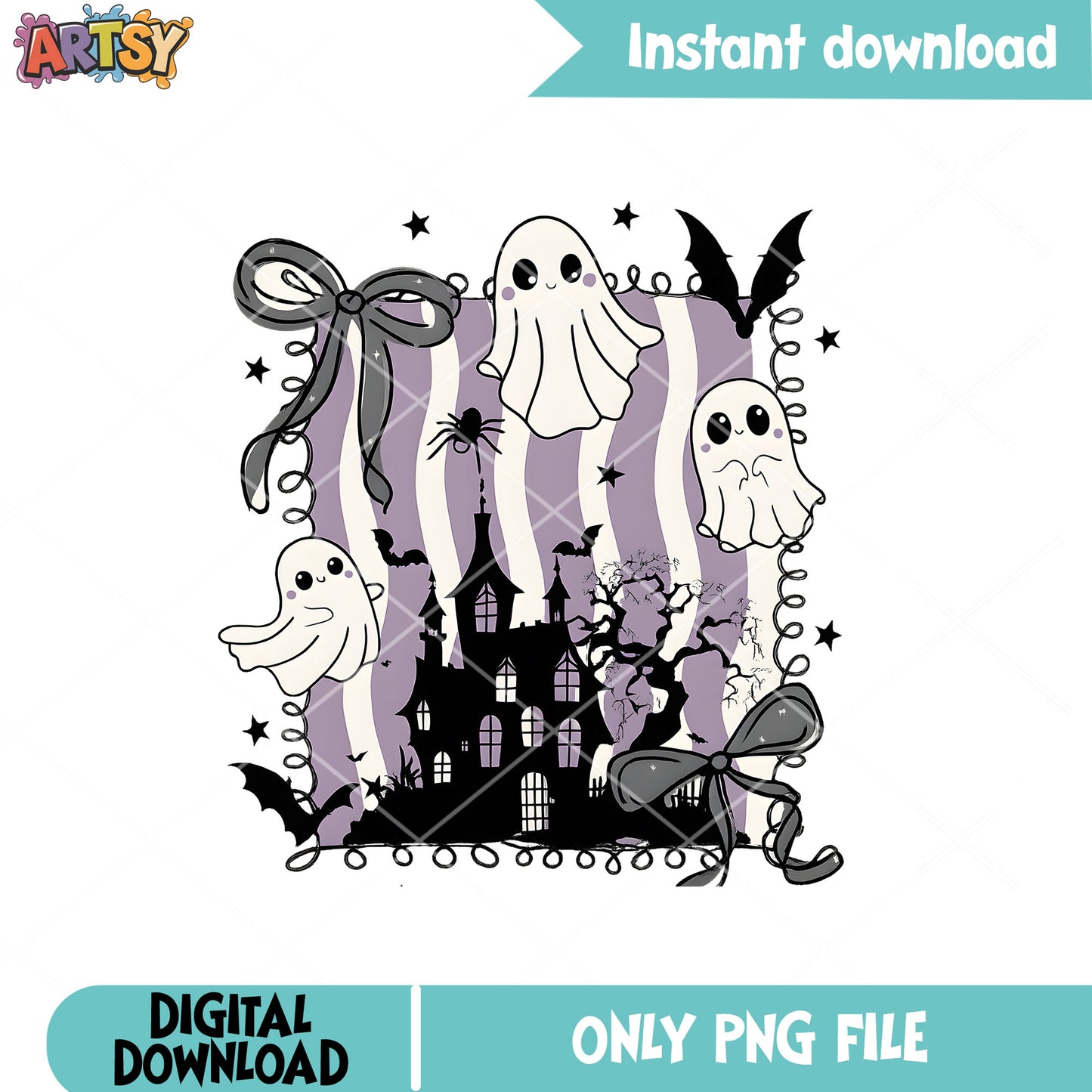 Ghost cute castle bow png, cute ghost png, halloween castle png
