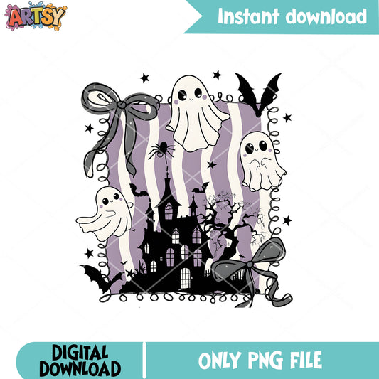 Ghost cute castle bow png, cute ghost png, halloween castle png