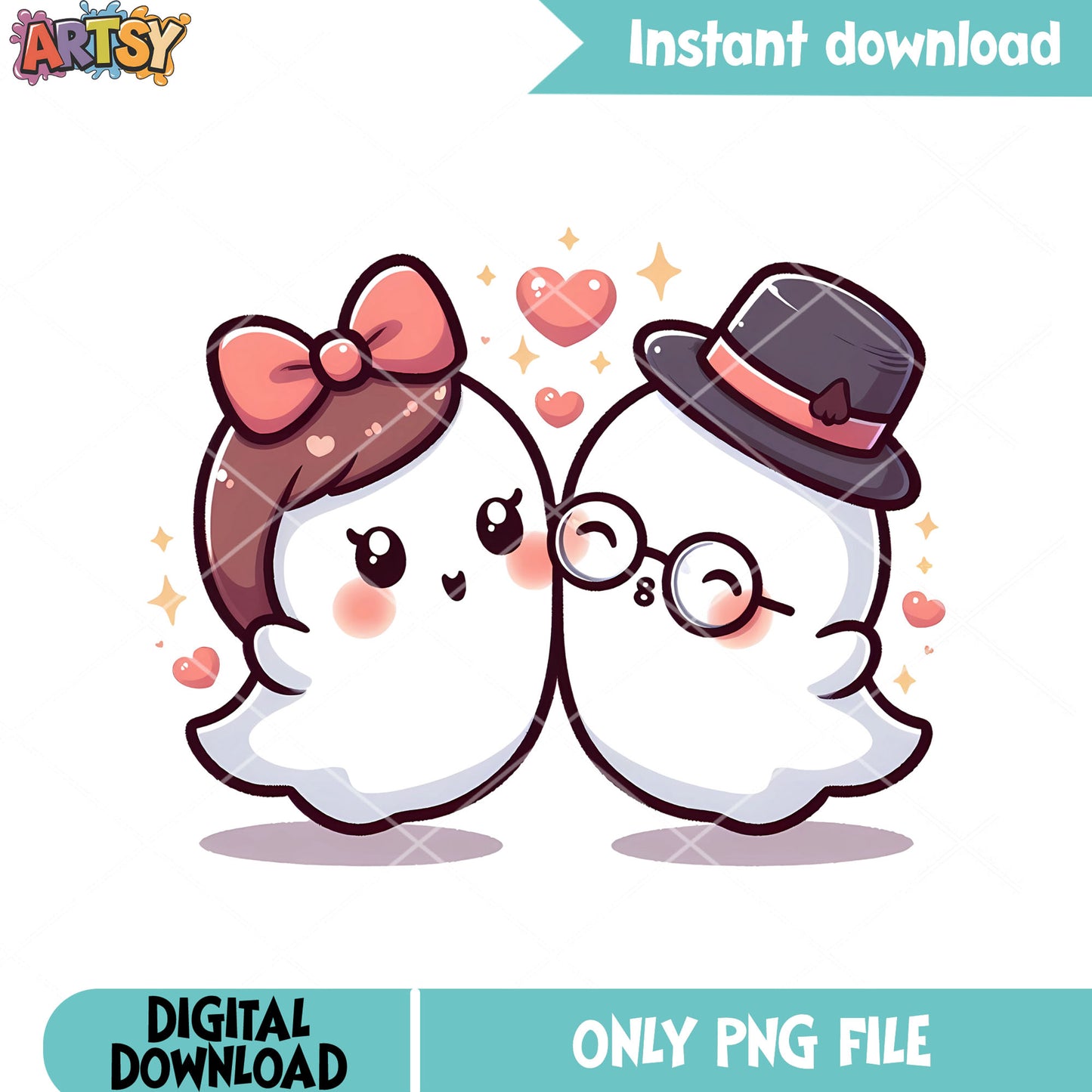 Ghost cute couple png, pink bow tie png, halloween scary png