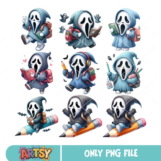 Ghostface school cute png bundle, scream chibi png, halloween kid png