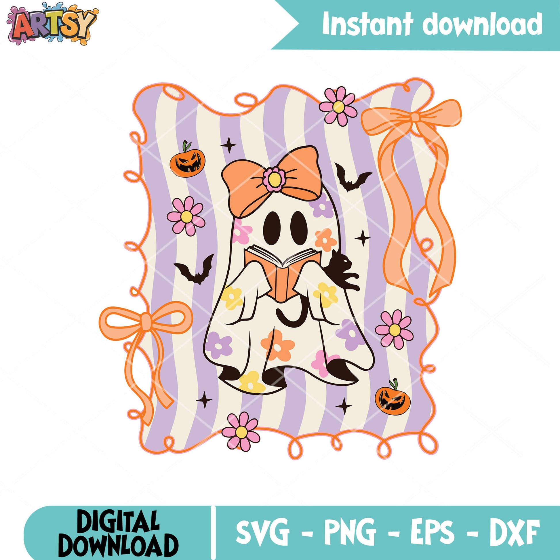 Ghost reading book svg, cute ghost svg, halloween bow​ svg