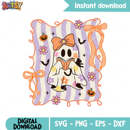 Ghost reading book svg, cute ghost svg, halloween bow​ svg