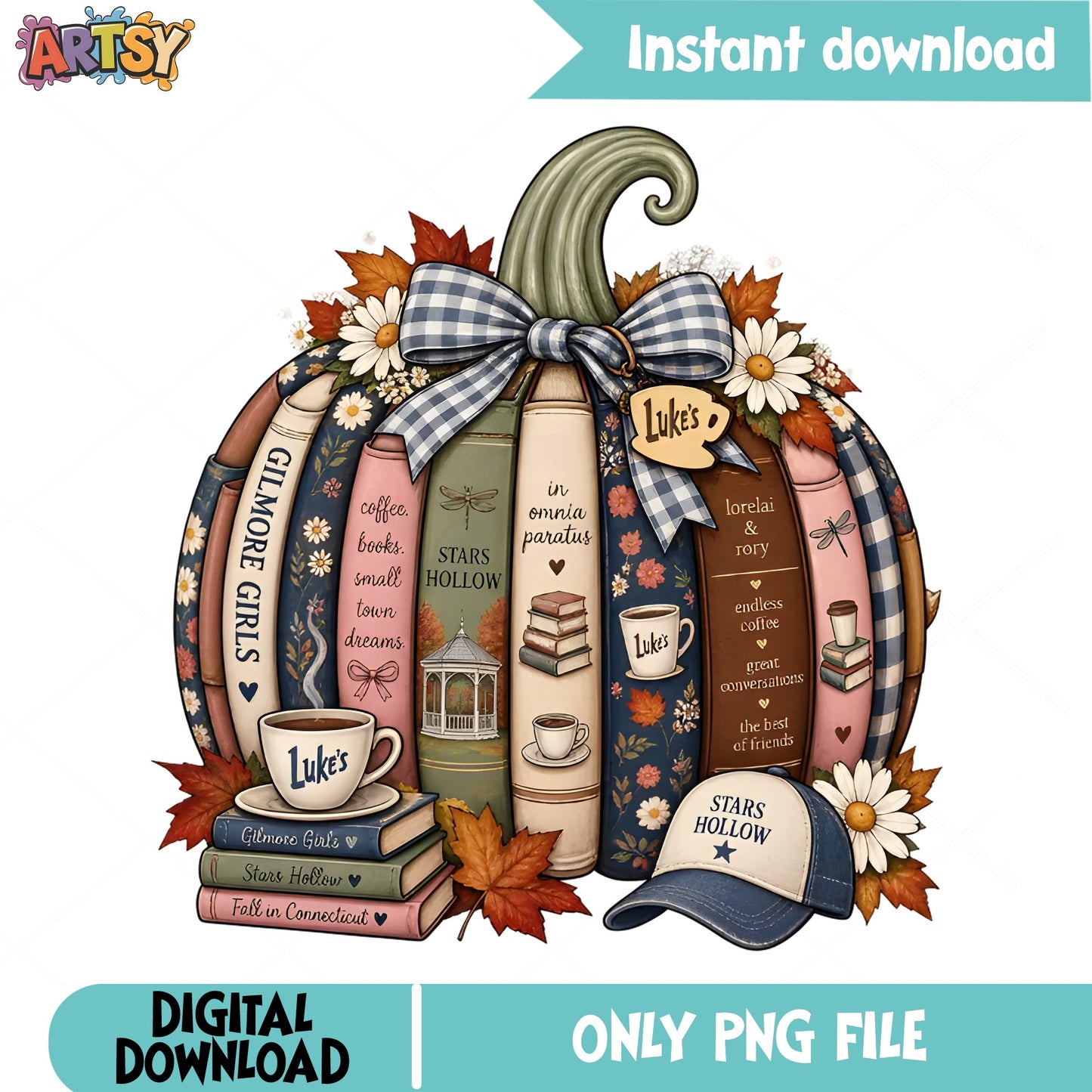 Gilmore Girls Pumpkin Books PNG, Stars Hollow Fall, Bookish PNG