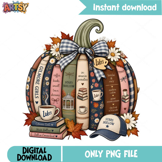 Gilmore Girls Pumpkin Books PNG, Stars Hollow Fall, Bookish PNG