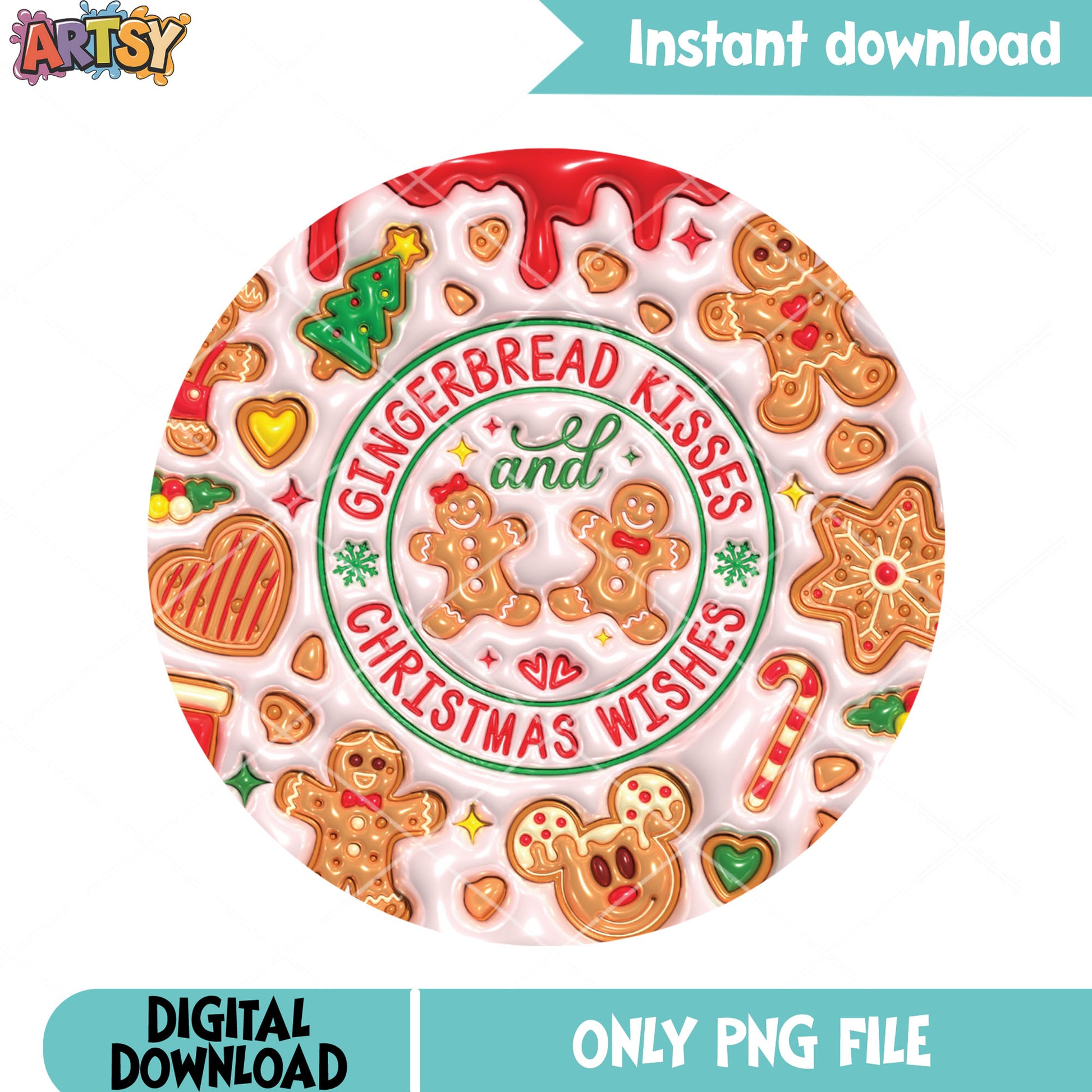 Gingerbread and kisses christmas png, cute couple png, hearts png