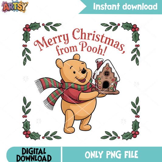 Gingerbread house pooh png, pooh bear png, pooh friends png