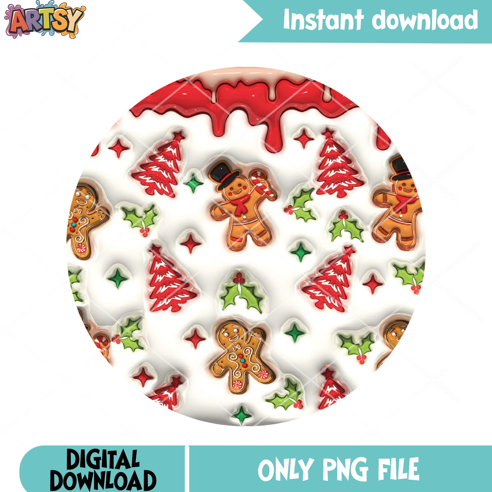 Gingerbread pattern christmas png, red tree png, cute food png - Copy