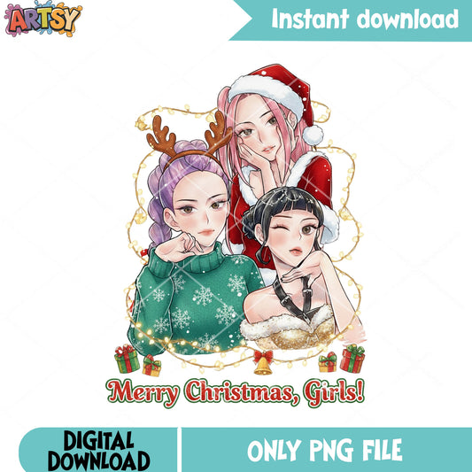 Girls happy christmas png, kpop demon hunters png, christmas gifts png