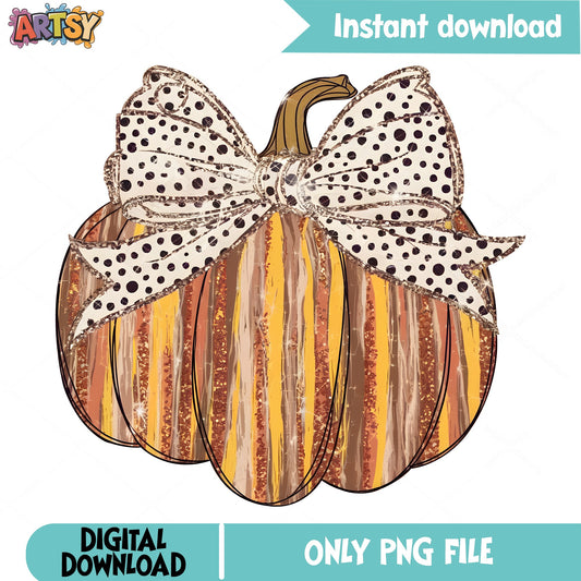 Glitter Pumpkin With Bow PNG, Fall Halloween PNG, Autumn PNG