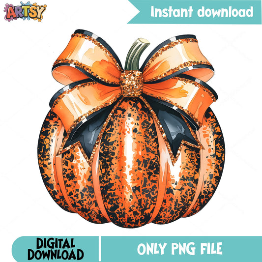 Glitter Pumpkin With Bow PNG, Halloween Pumpkin PNG, Fall PNG