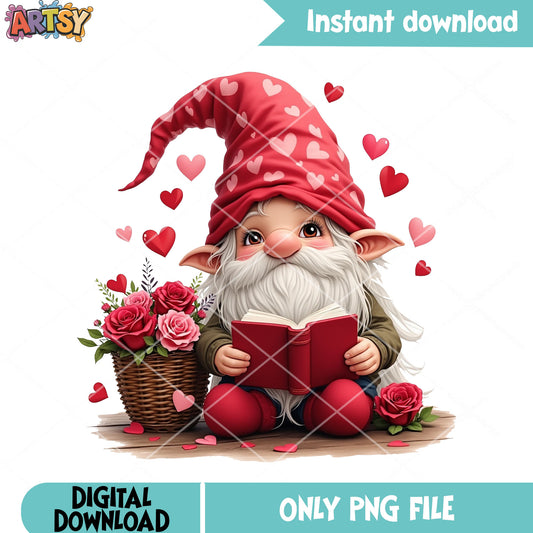 Gnome and valentines rose png, valentines png, funny valentines png