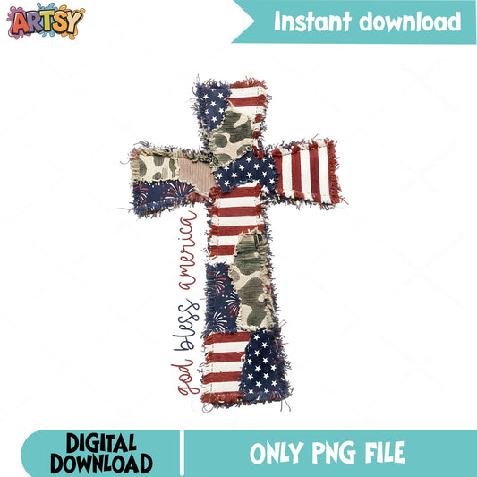 God Bless America Cross PNG, 4th Of July Cross PNG, Patriotic Cross PNG