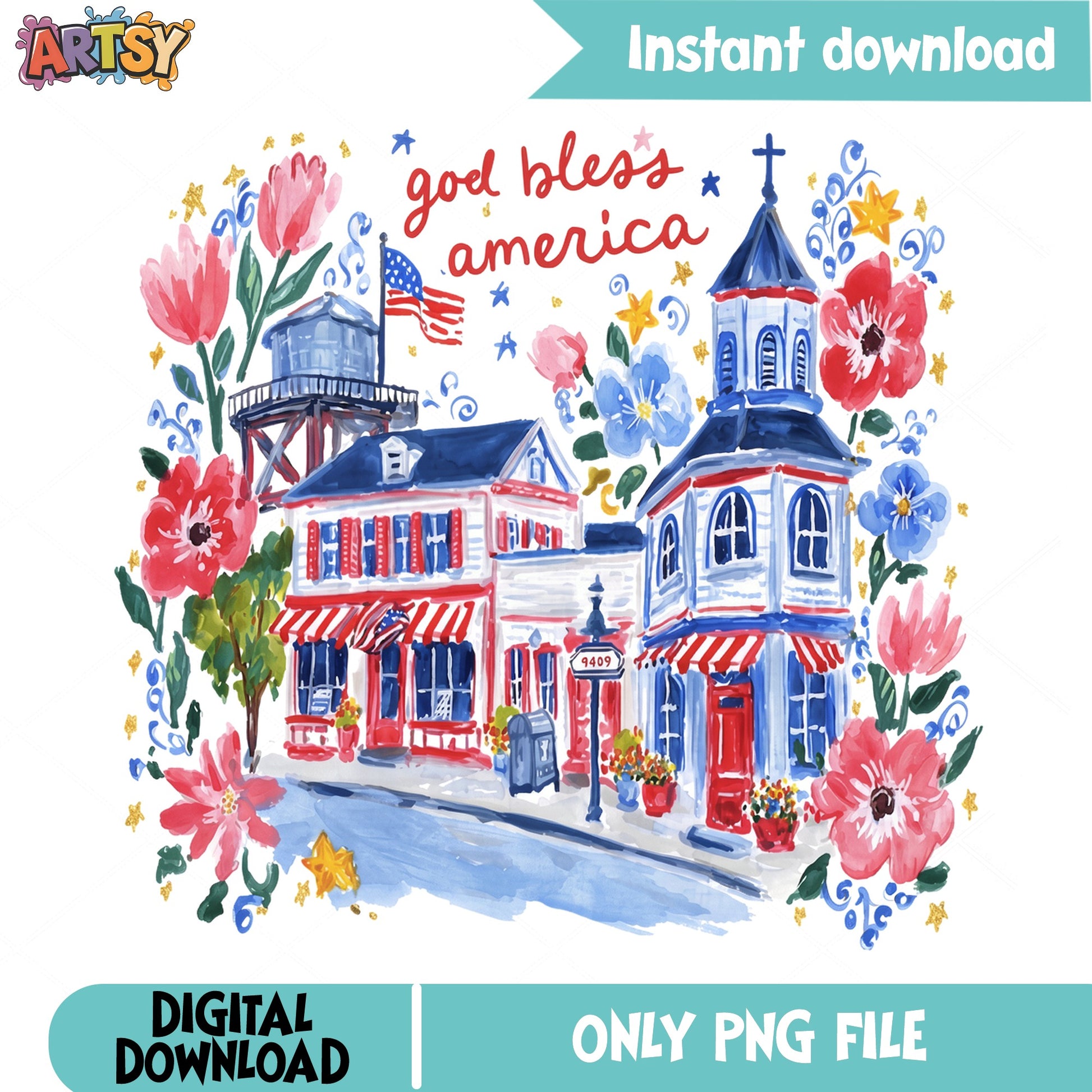 God Bless America Floral Town PNG, 4th Of July PNG, Patriotic PNG
