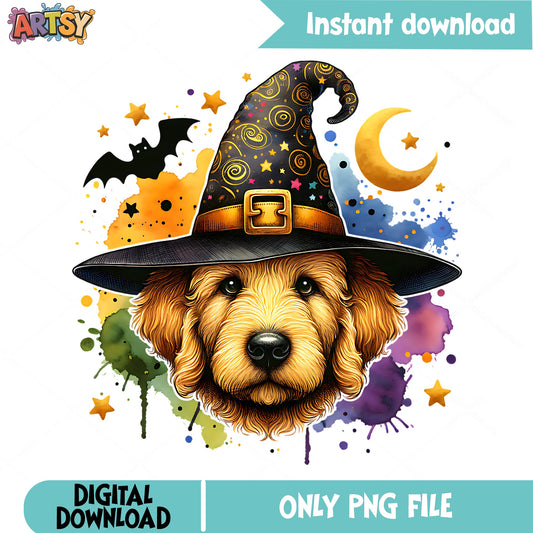 Golden Retriever Halloween Witch Hat PNG, Dog Halloween PNG, Spooky Dog PNG