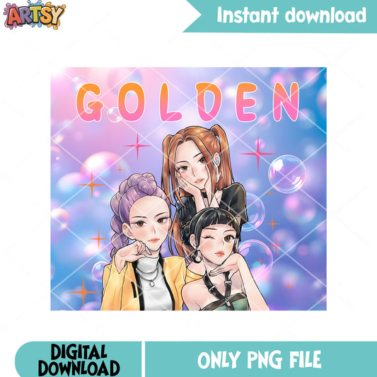 Golden kpop girls png, anime golden girls png, poster bubbles girl png