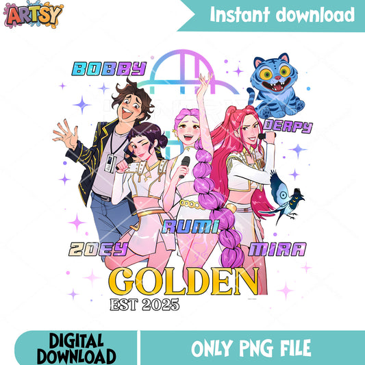 Golden kpop group anime png, poster anime png, bobby rumi zoey png
