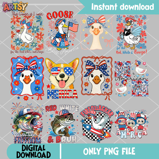 Goose bless america png bundle, silly goose png, happy 4th of july png