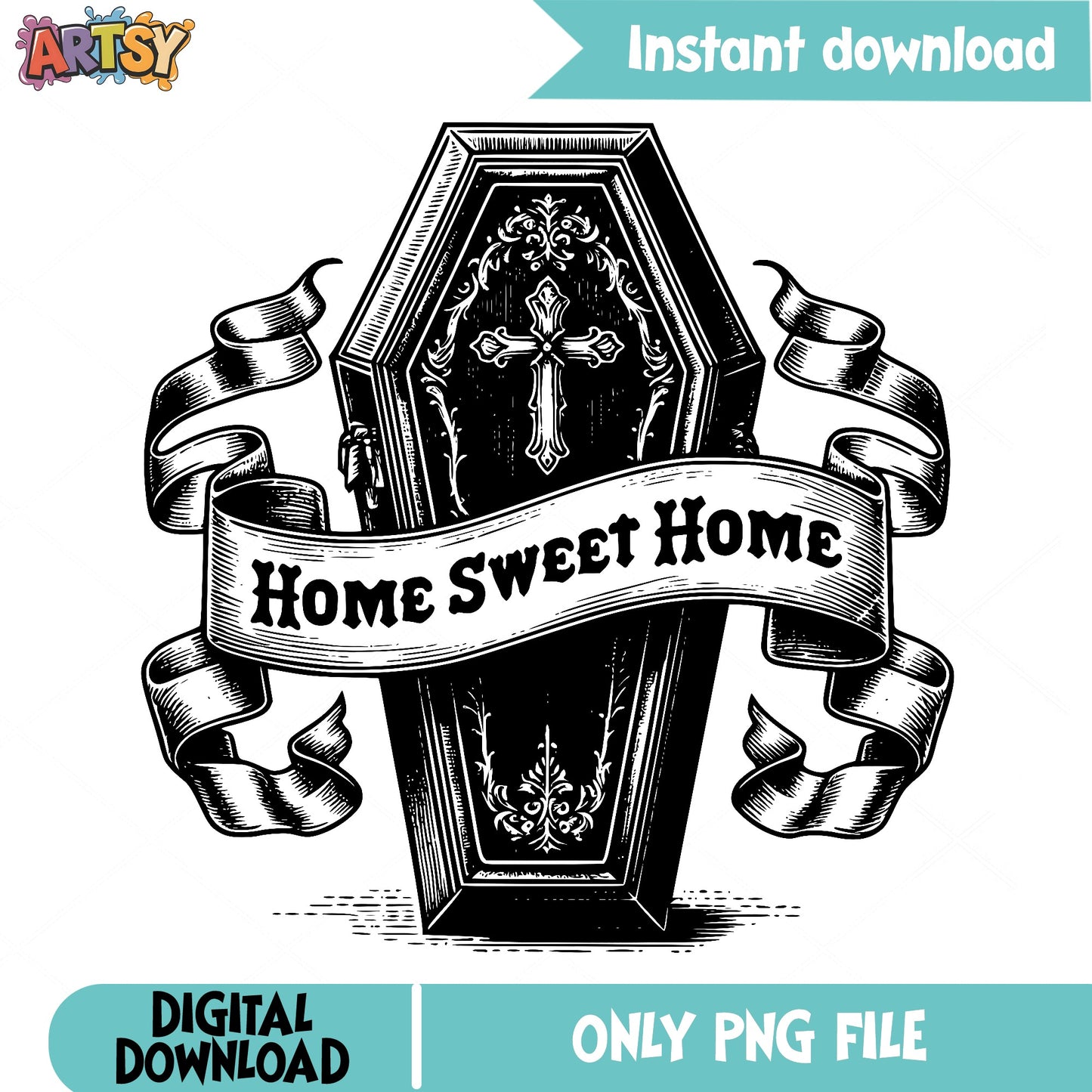 Gothic Coffin Home Sweet Home PNG, Halloween Gothic PNG, Spooky PNG