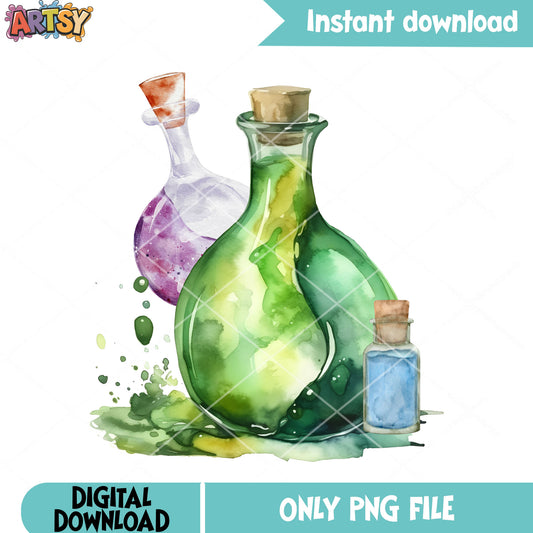 Green bottle png, purple water bottle​ png, halloween scary png