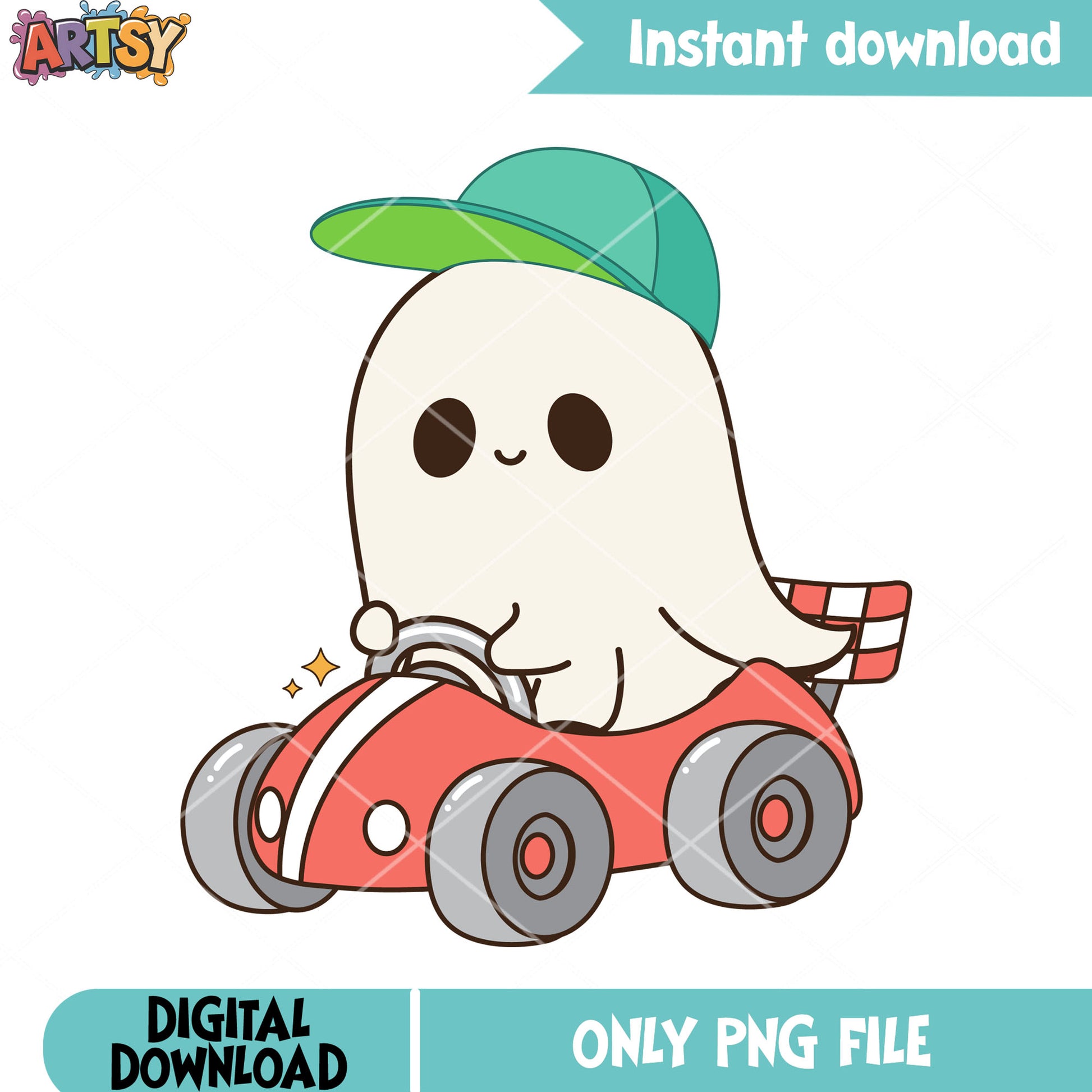 Green hat ghost star png, red race car png, scary night png