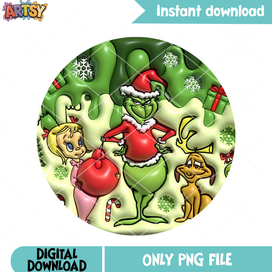 Green monster cute girl png, dog christmas trio png, friendship png