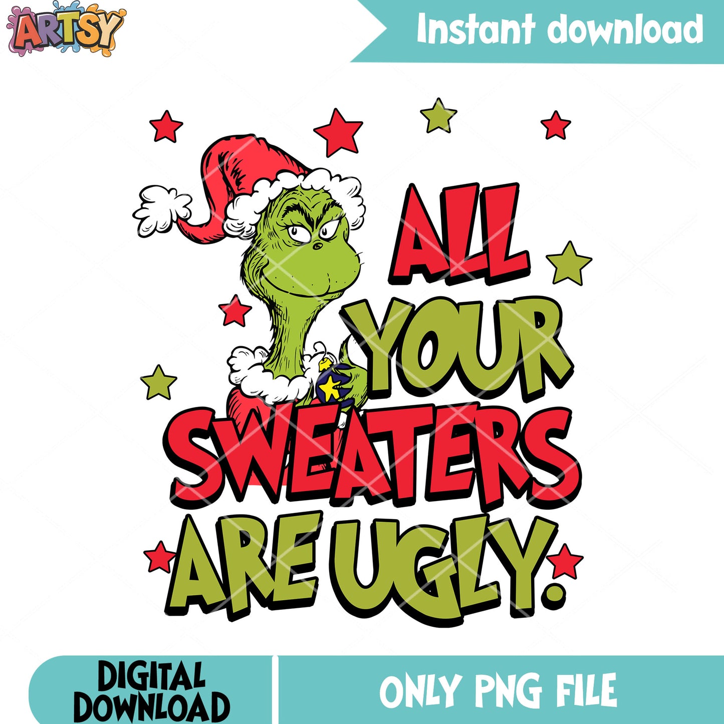 Green monster santa claus png, the grinch png, christmas sweater png