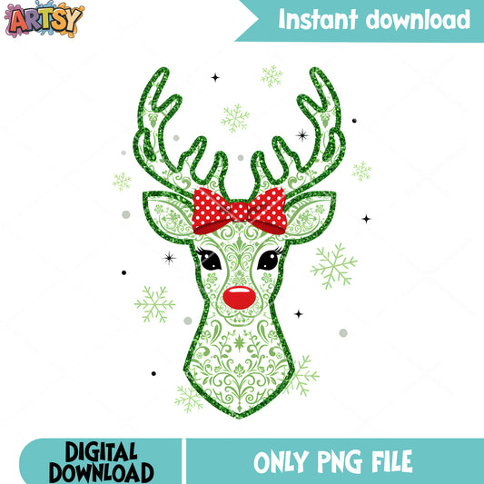 Green reidneer snowflake png, red nose png, red bow tie png