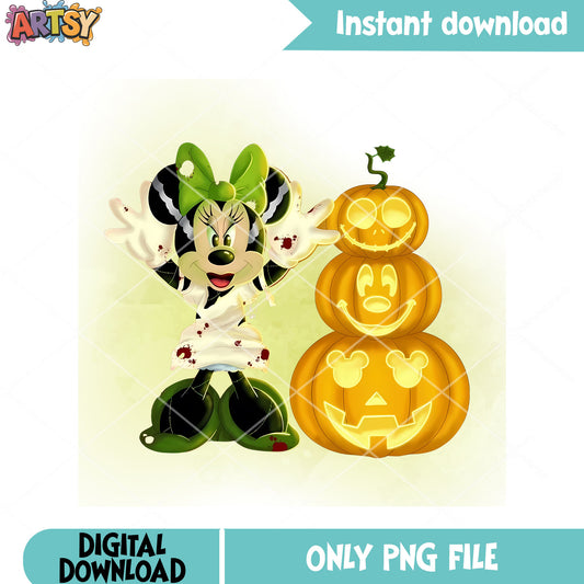 Green zombie minnie png, scary pumpkin png, disney character png
