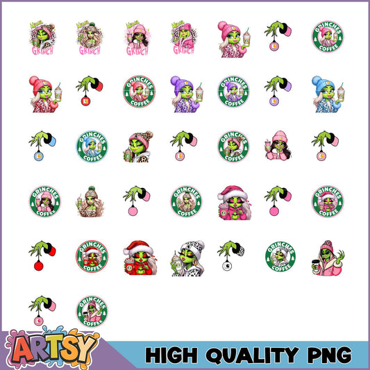 Grinch Girl Coffee PNG Bundle High Quality Sublimation Designs