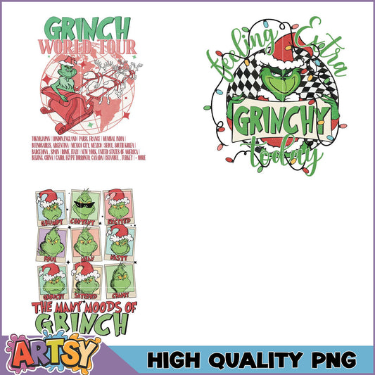 Grinch PNG Bundle World Tour & Moods Designs